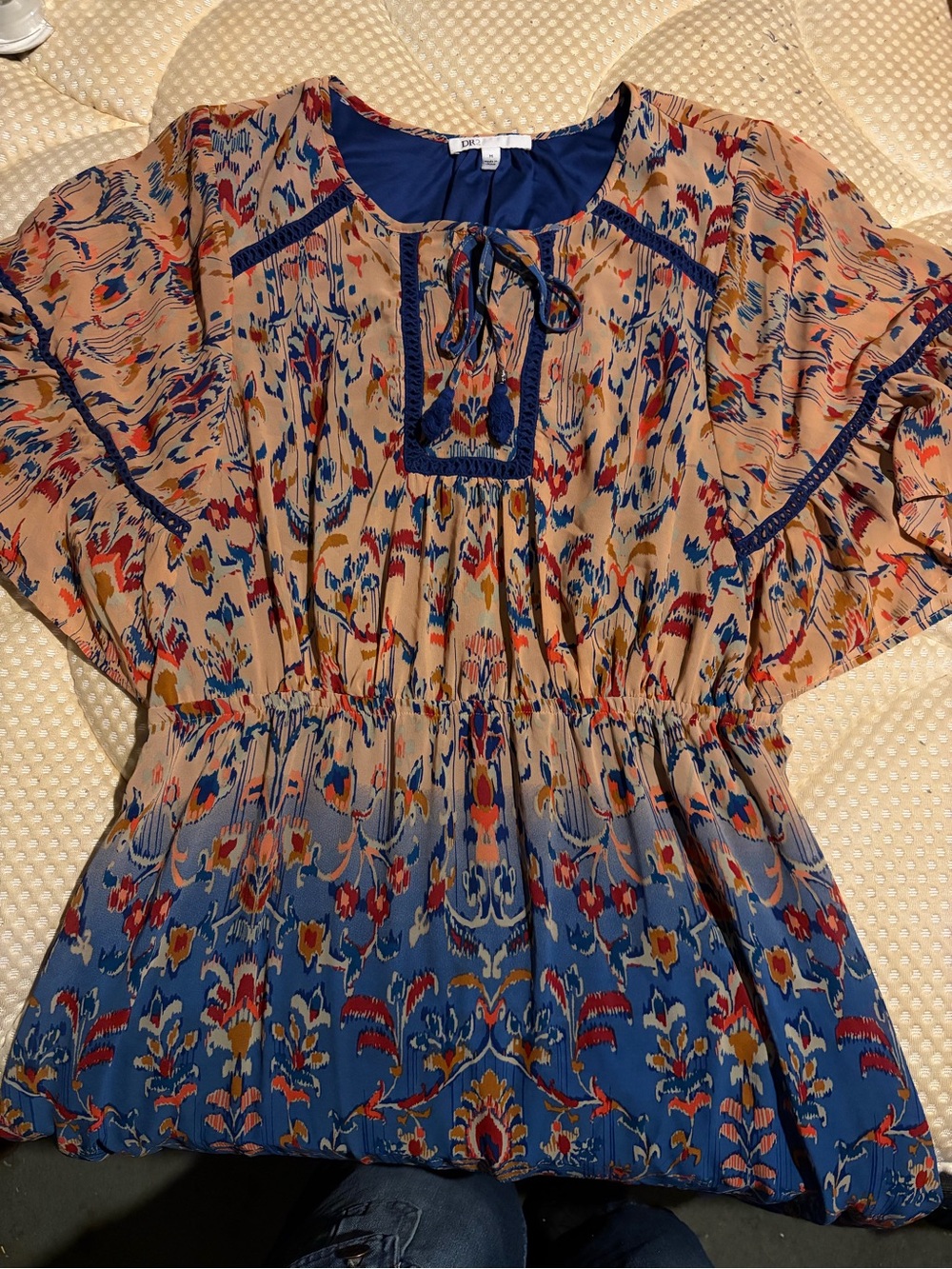 Patterned blue and tan dress